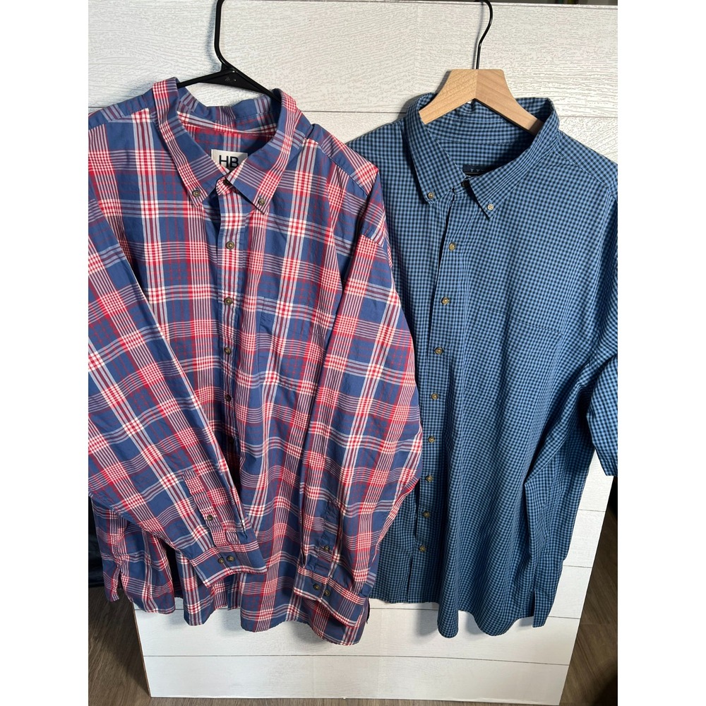 (2) Harbor Bay 3XLT Men Check Plaid Button Down Shirts (1) Short (1) Long Sleeve